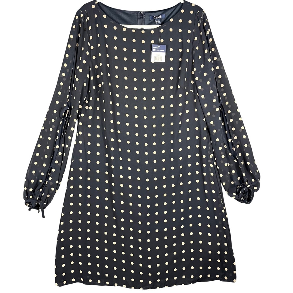 Chaps Polka Dot Shift Dress Women 14 Navy Blue Split Long Sleeve NWT